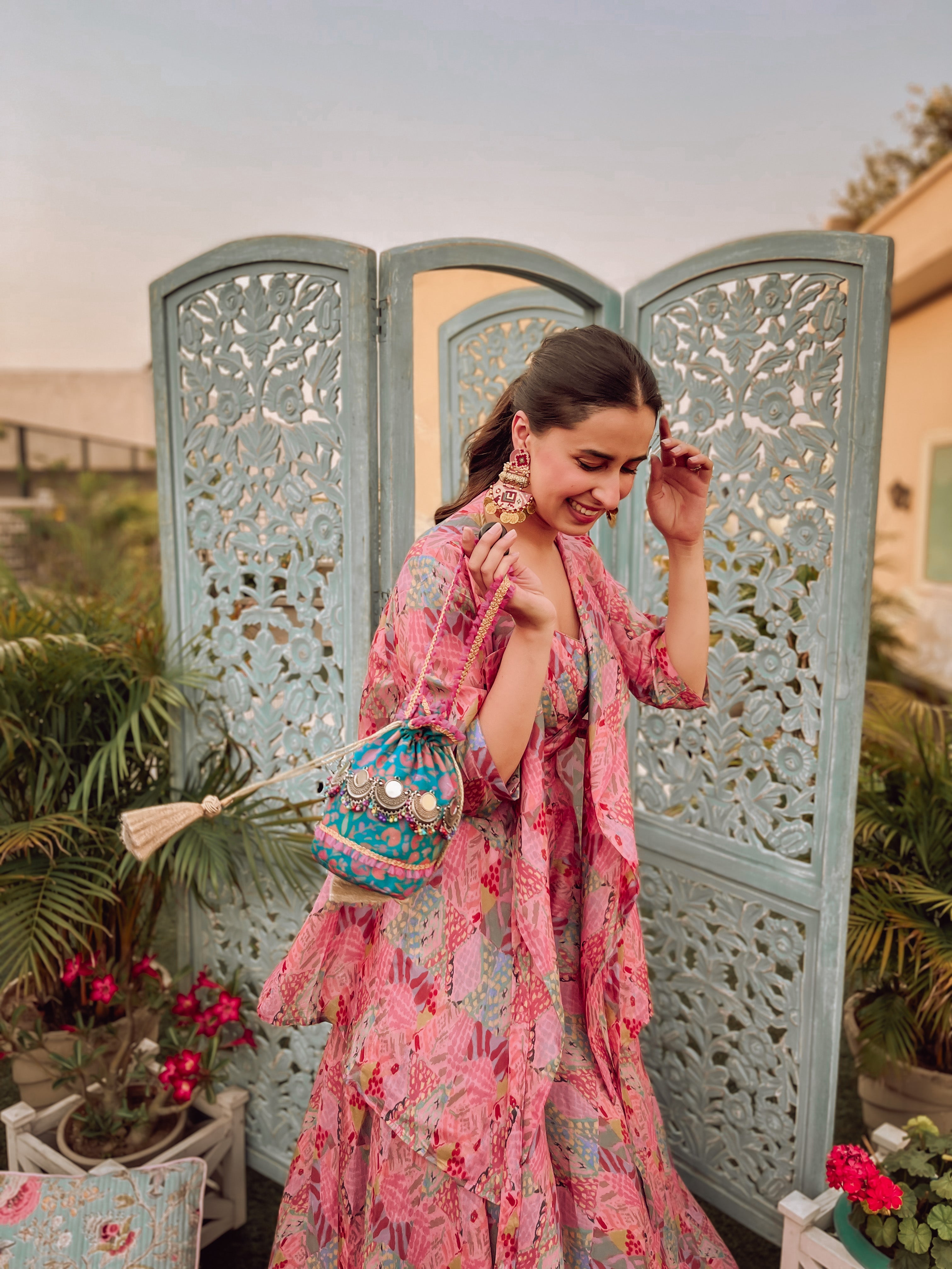 Abstract pink printed bustier Jacket and Skirt Set