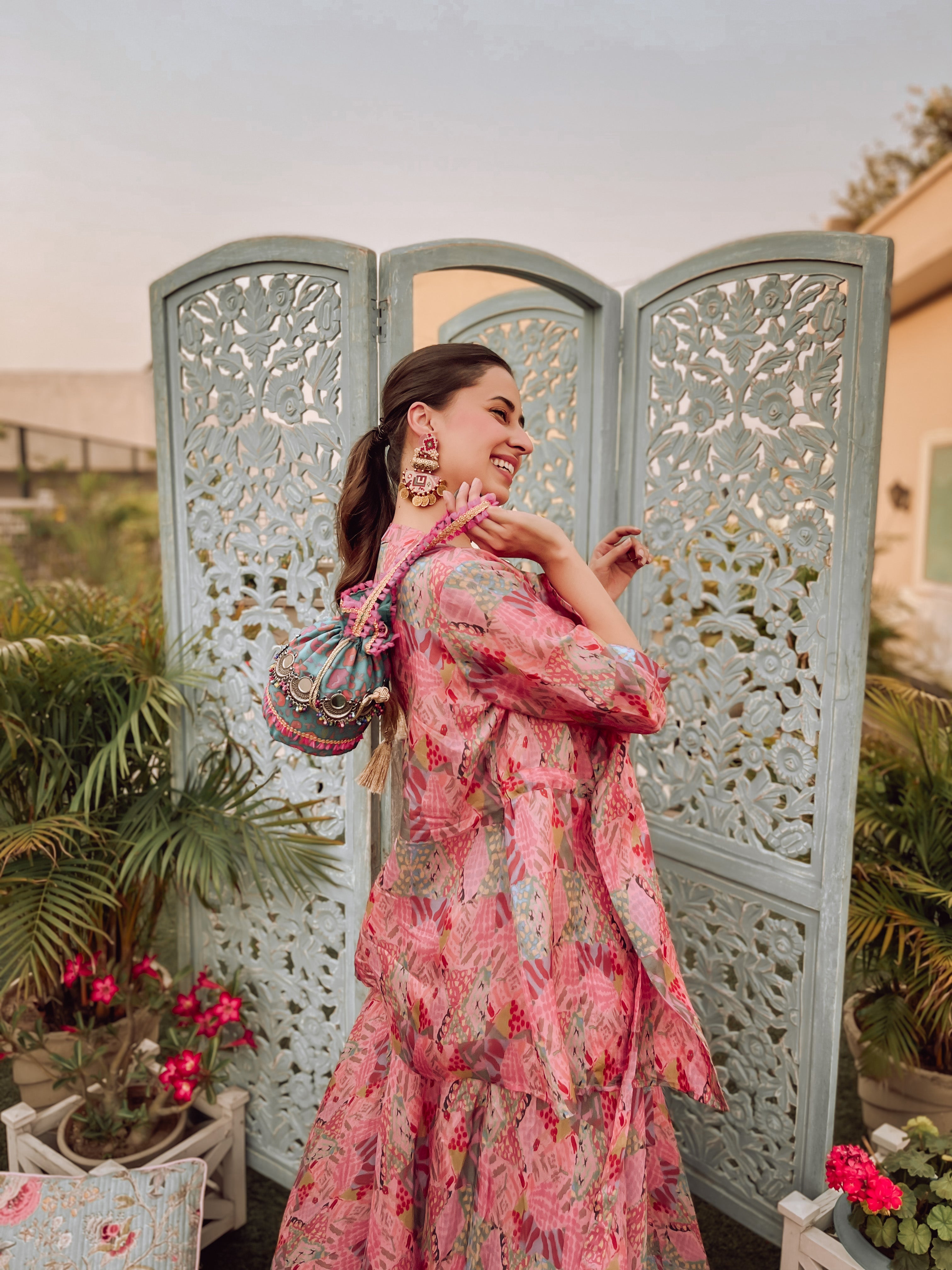 Abstract pink printed bustier Jacket and Skirt Set