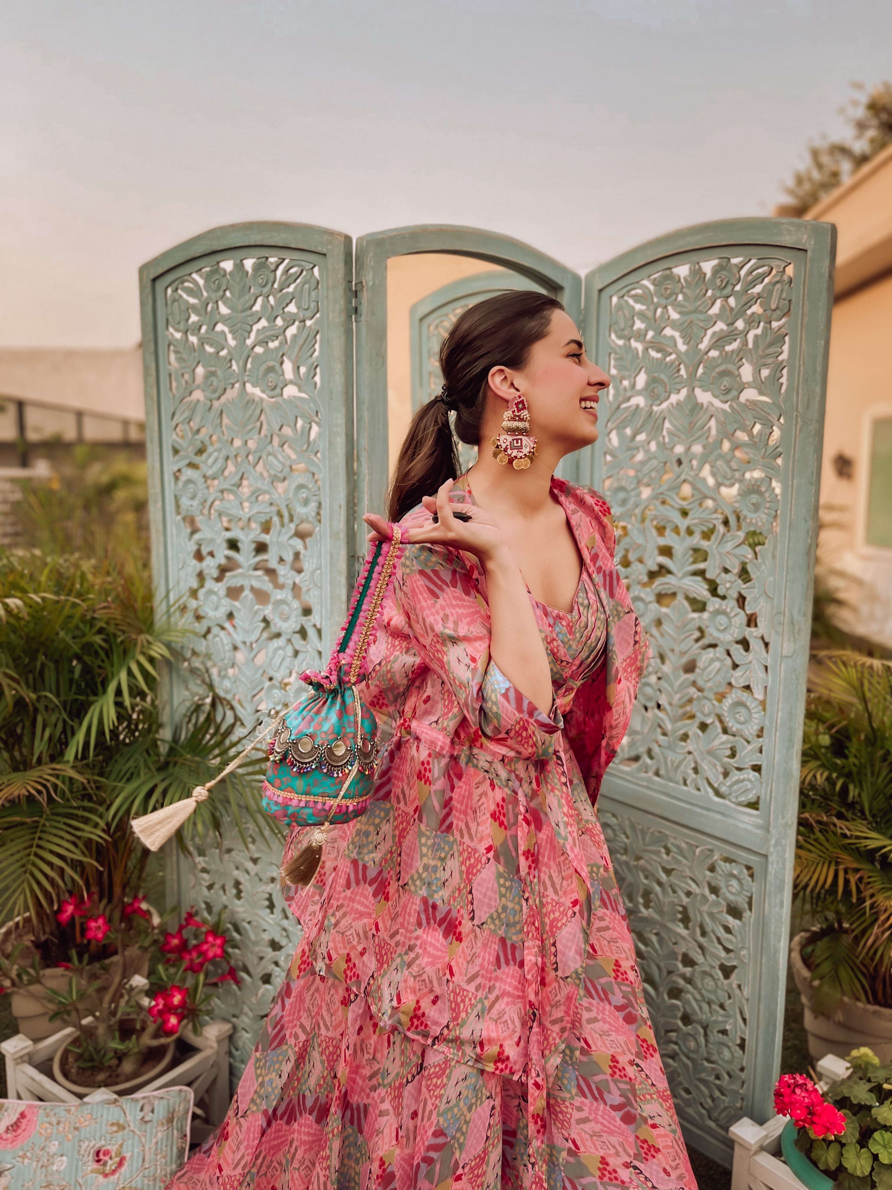 Abstract pink printed bustier Jacket and Skirt Set