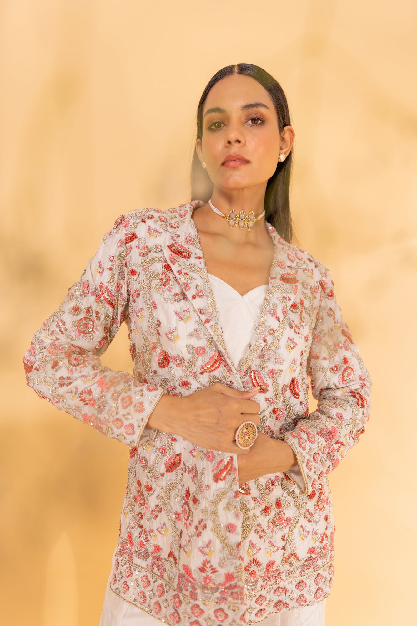 Ivory heavy embroidered blazer