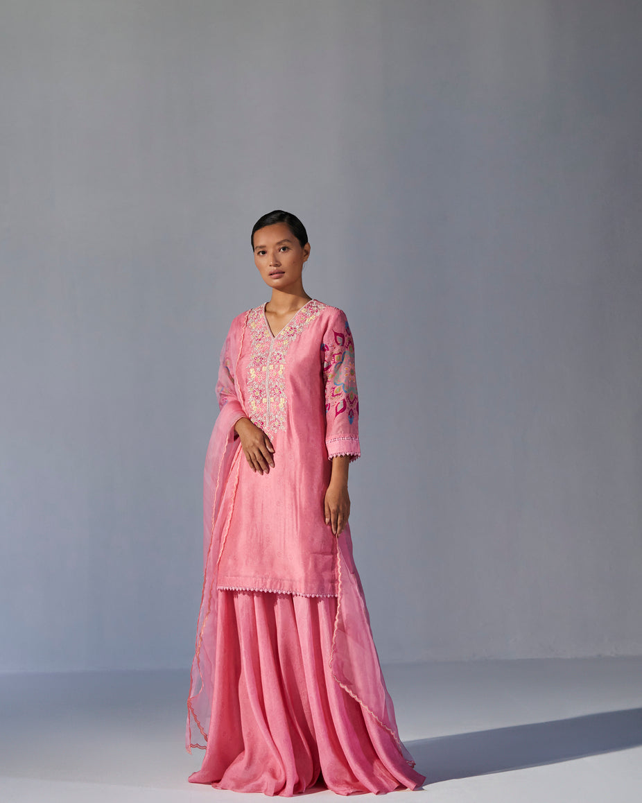 Blush pink placement printed top, sharara and dupatta set