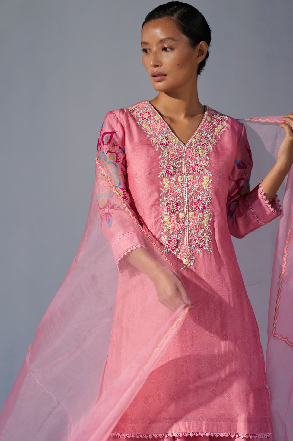 Blush pink placement printed top, sharara and dupatta set