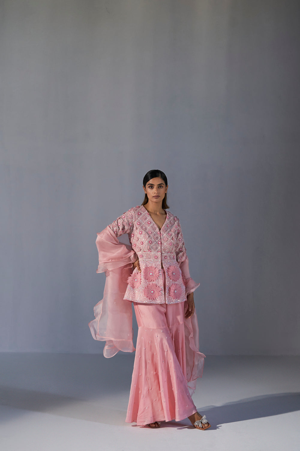 Blush Pink peplum top with sharara and organza dupatta