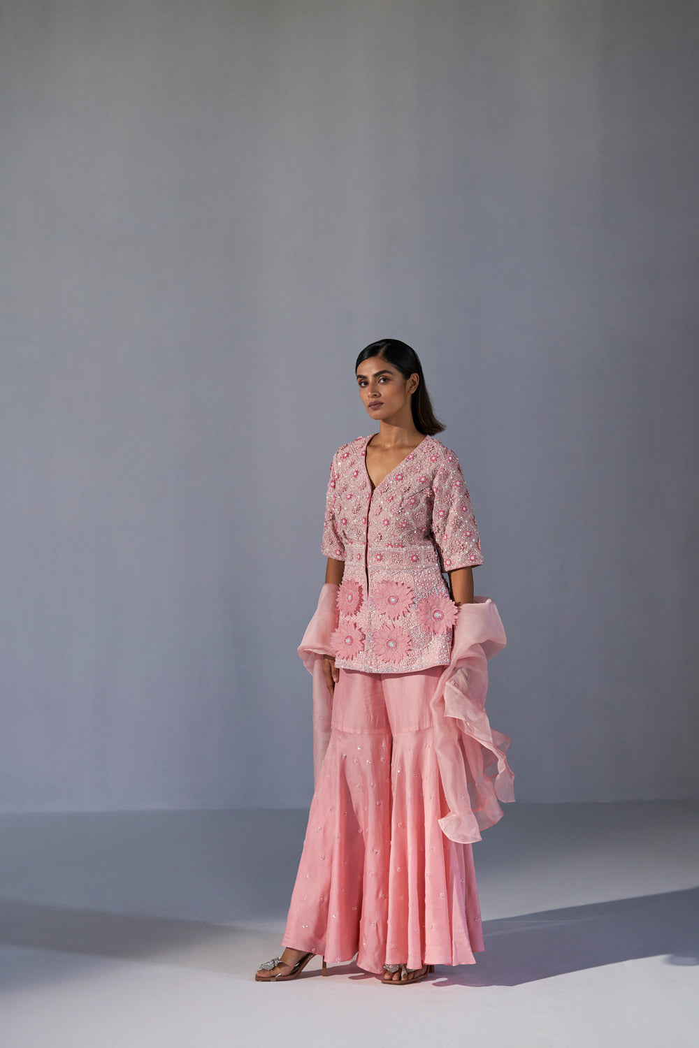 Blush Pink peplum top with sharara and organza dupatta