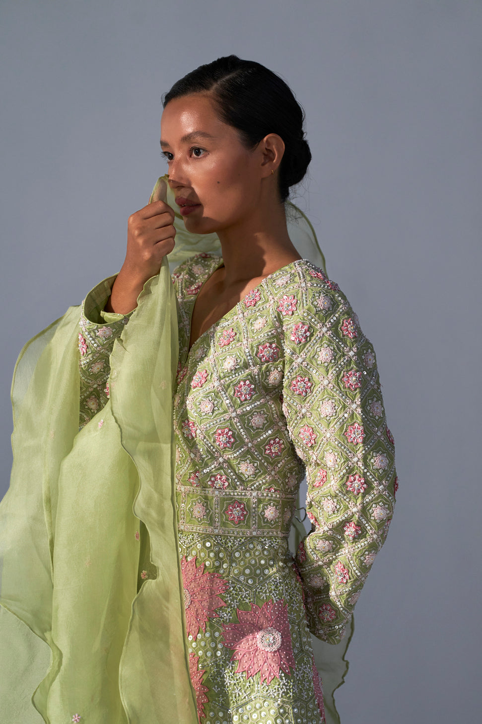 Pista Green peplum top with sharara and organza dupatta