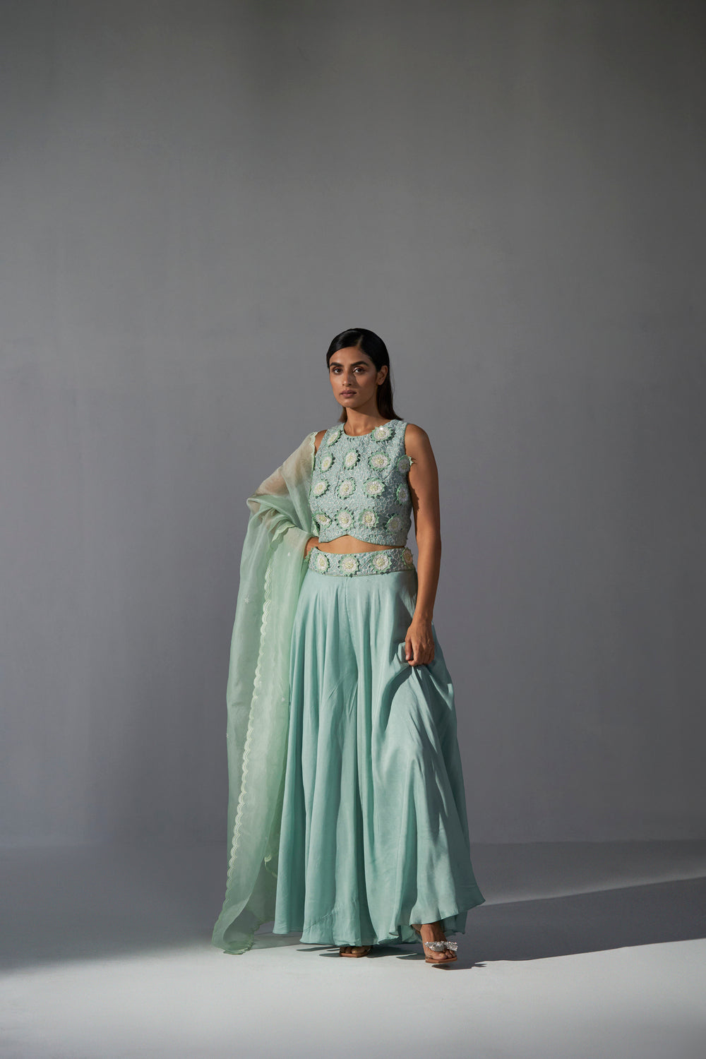 Aqua crop-top, palazzo and pista green dupatta set