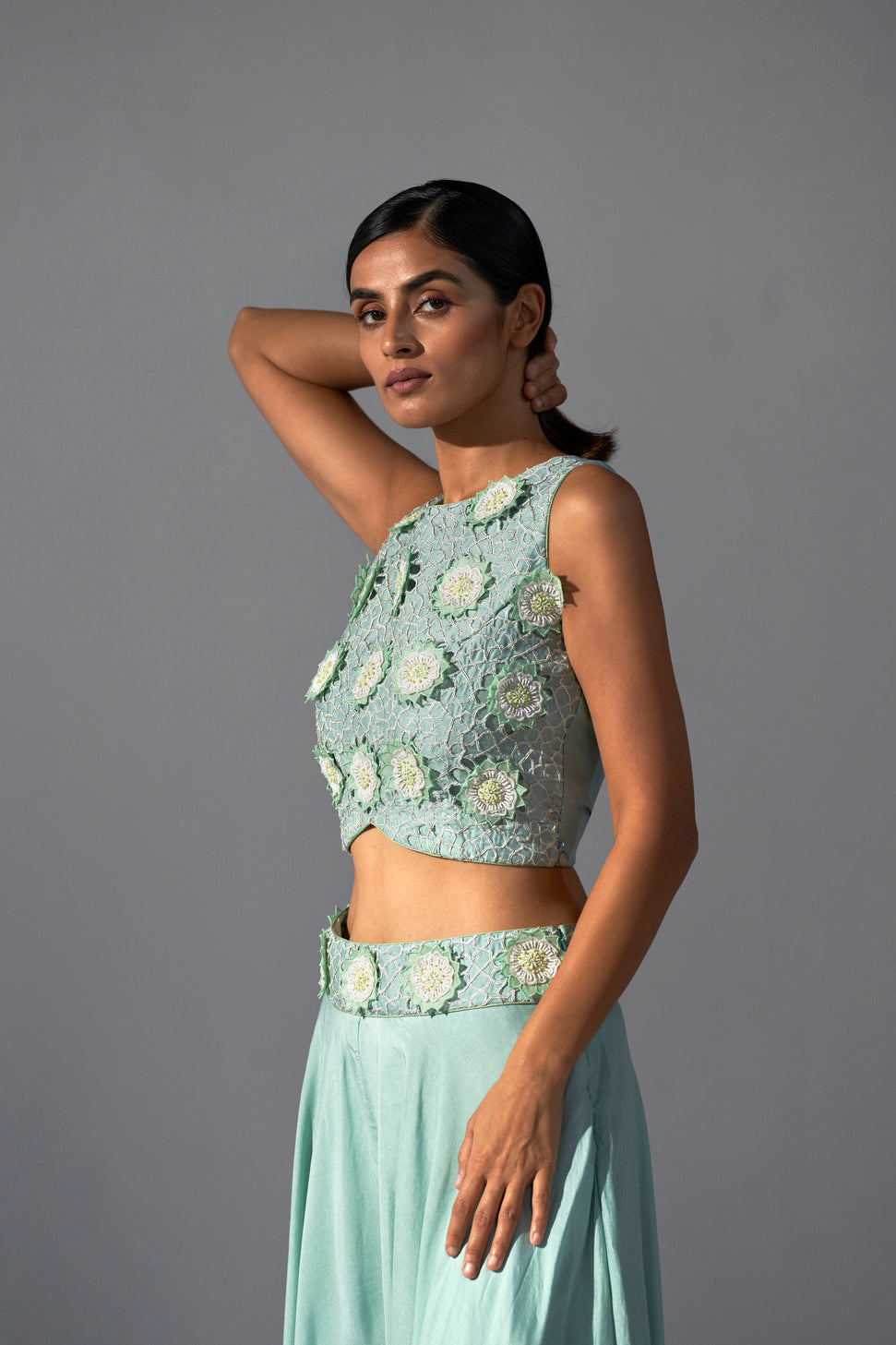 Aqua crop-top, palazzo and pista green dupatta set