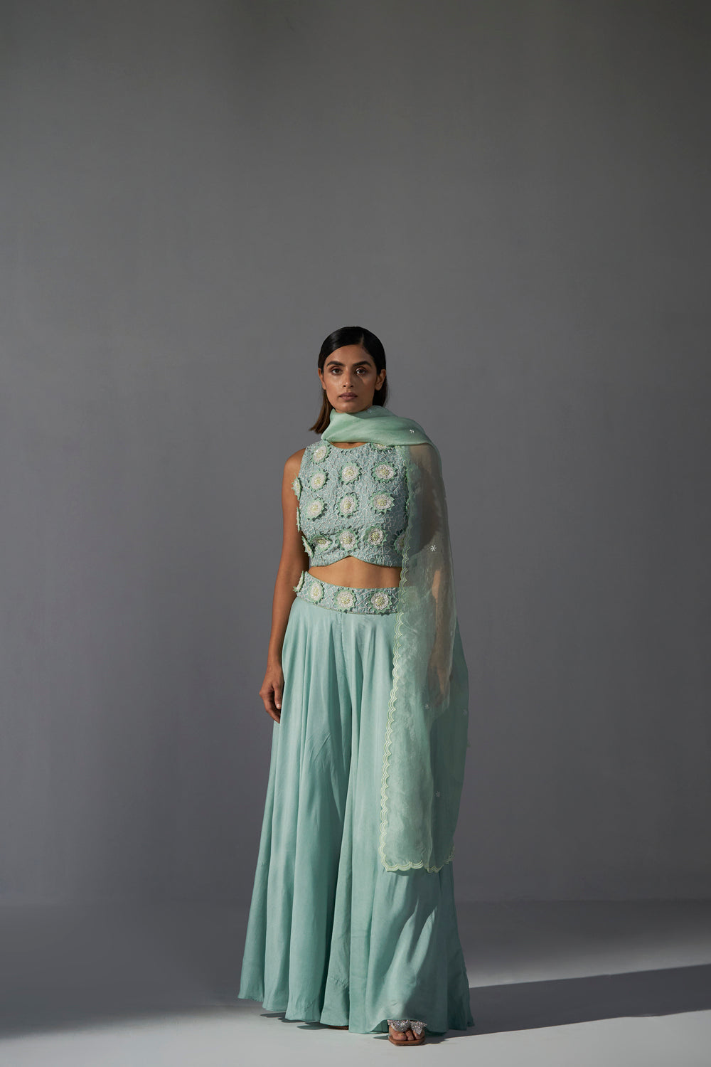 Aqua crop-top, palazzo and pista green dupatta set