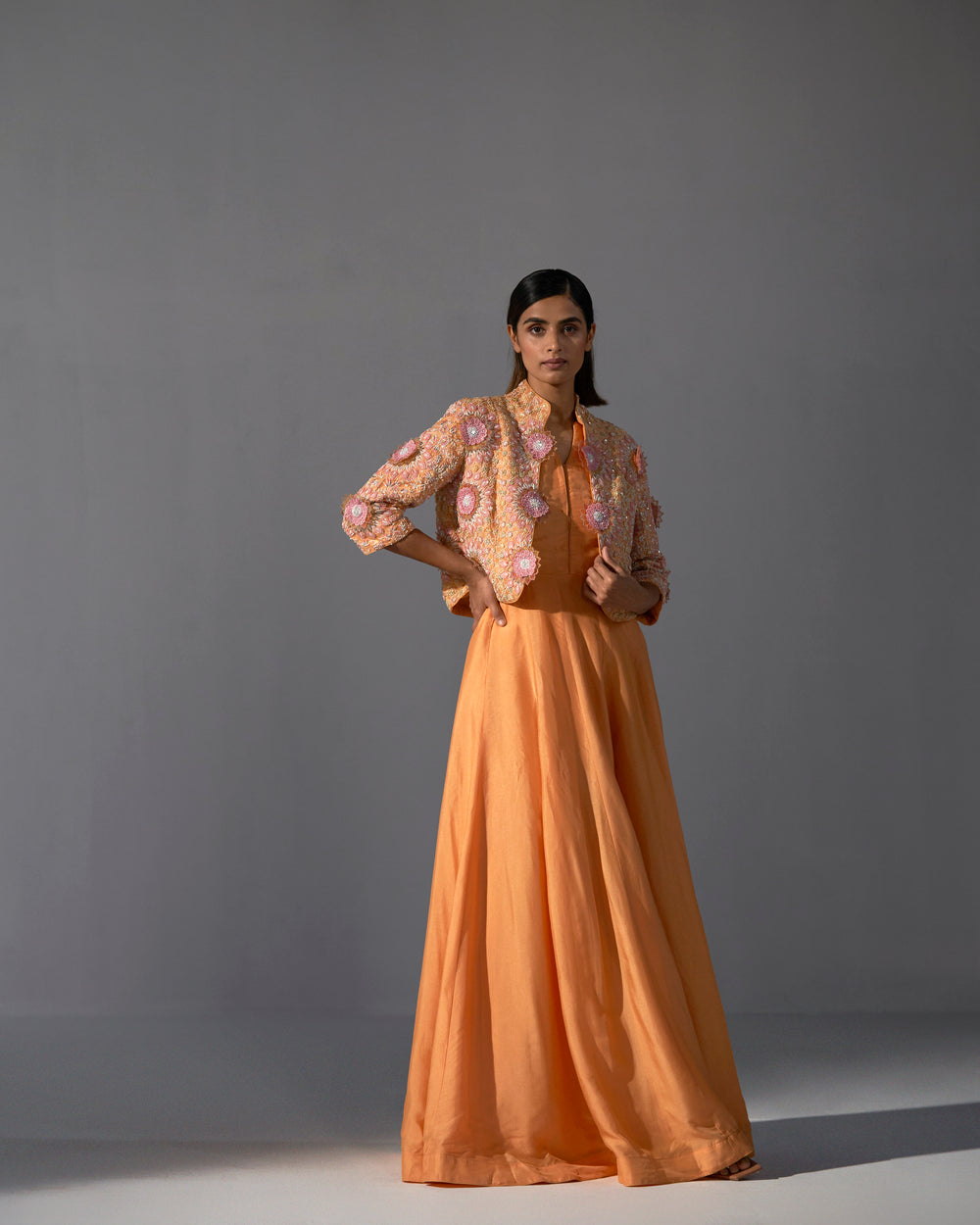 short jacket anarkali dress Pink Full Lenght Anarkali Gown with Hand embellished short jacket-WRK4 Women Republic