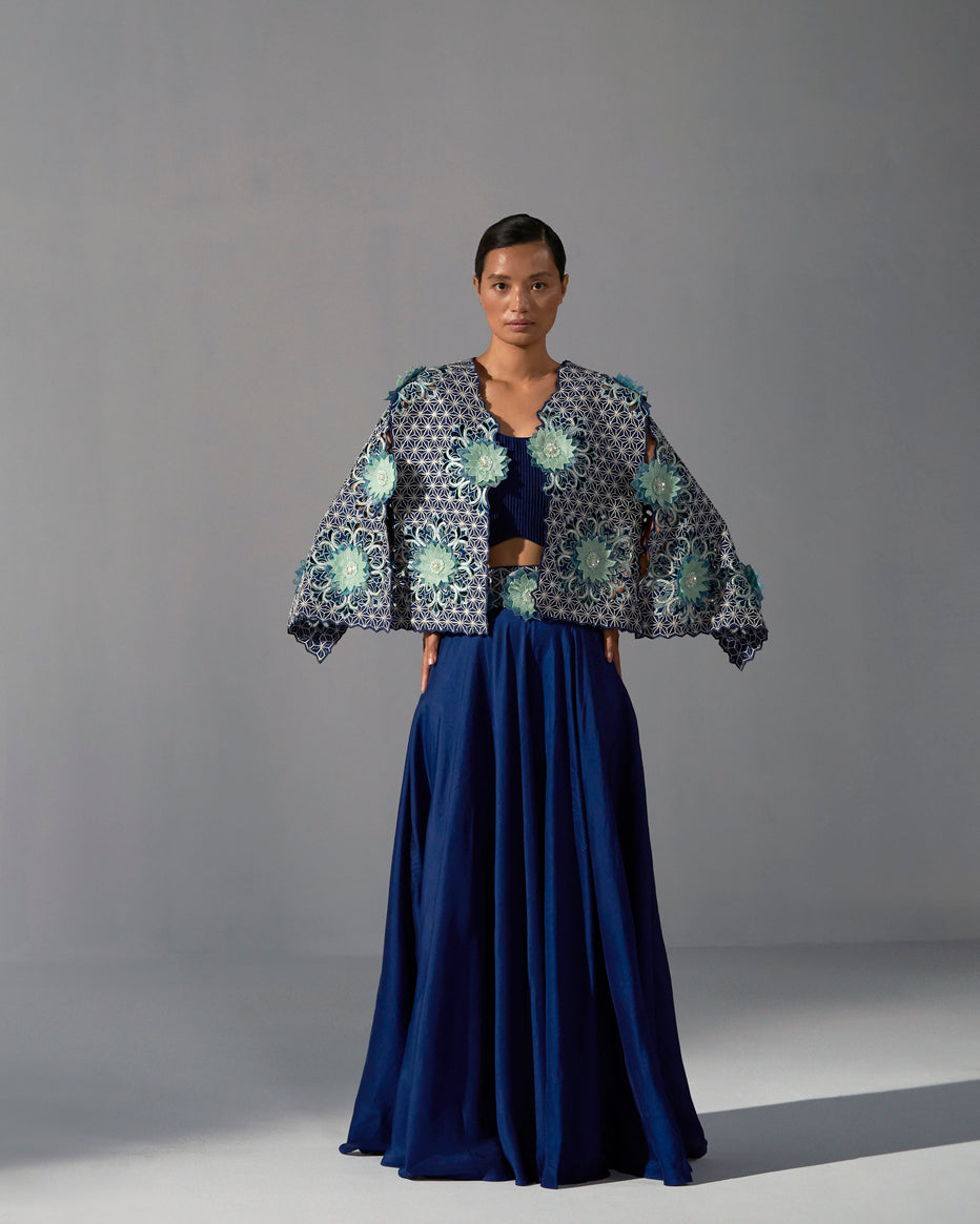 Midnight Blue Jacket with crop top and flared palazzo