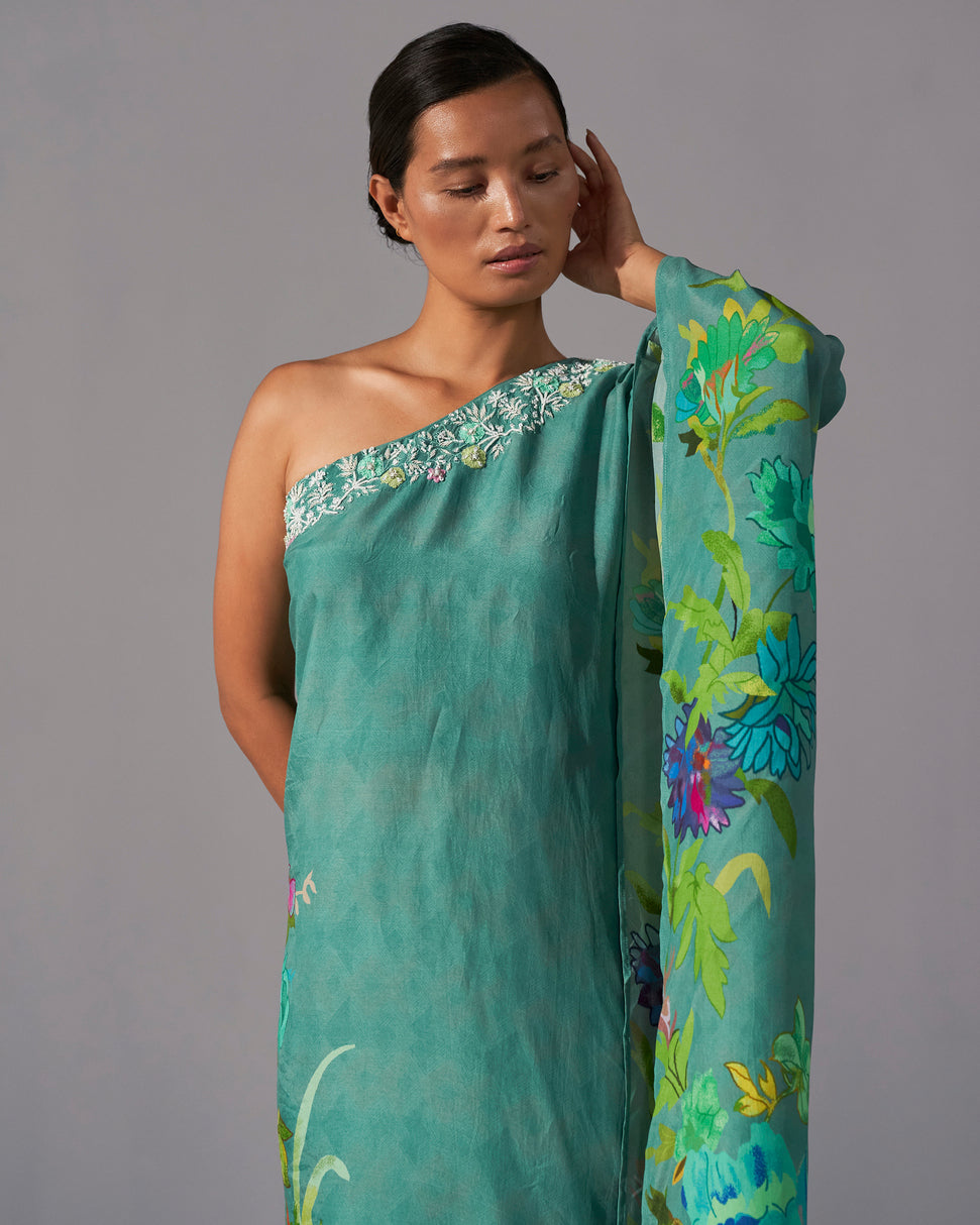 Aqua floral printed one shoulder asymmetric top with sharara