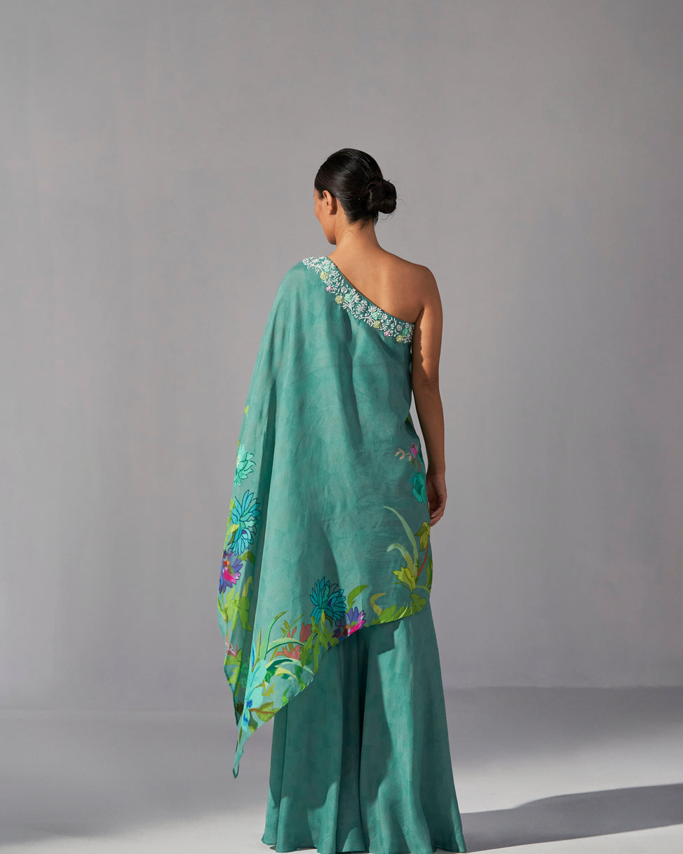 Aqua floral printed one shoulder asymmetric top with sharara