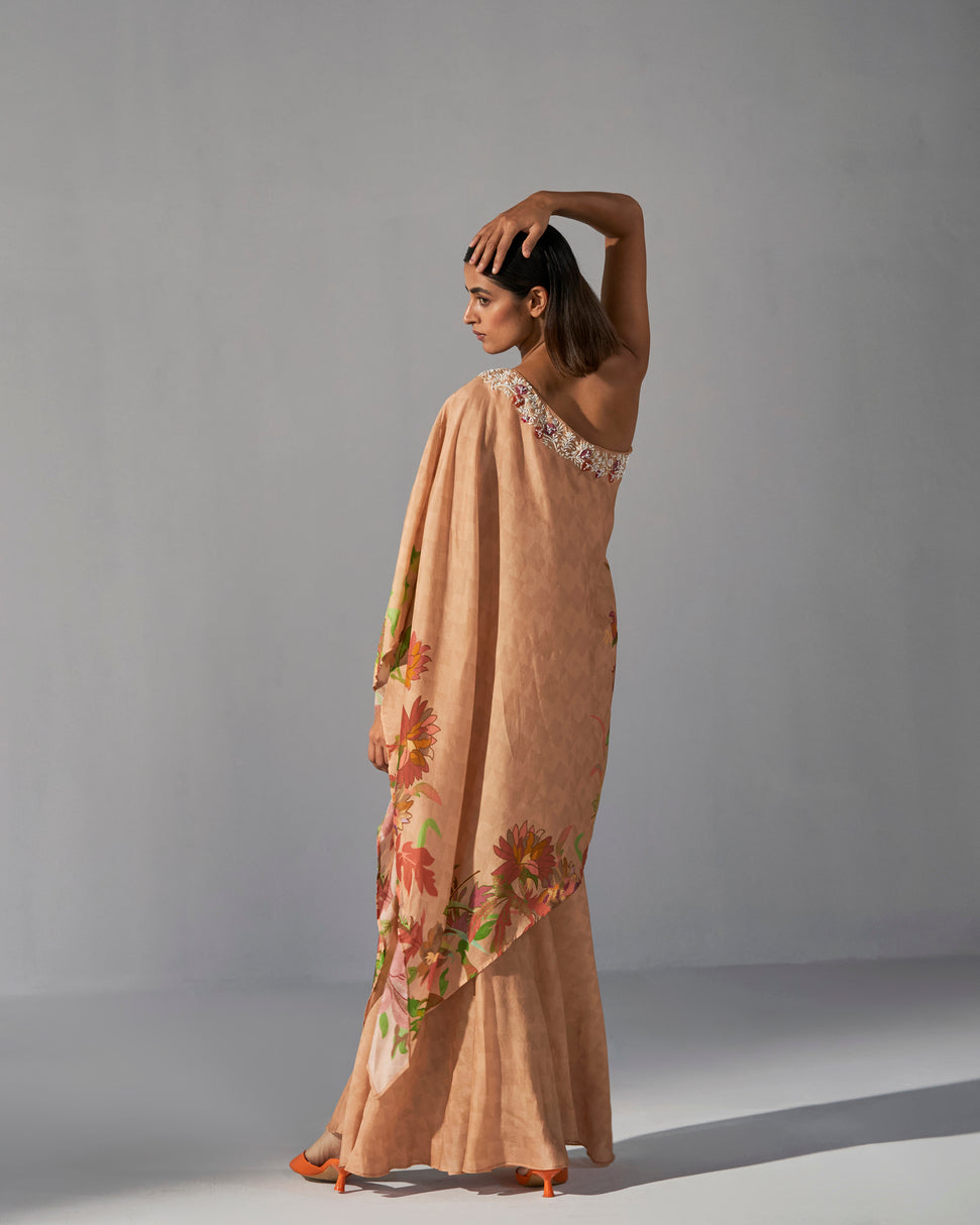 Beige floral printed one shoulder asymmetric top with sharara