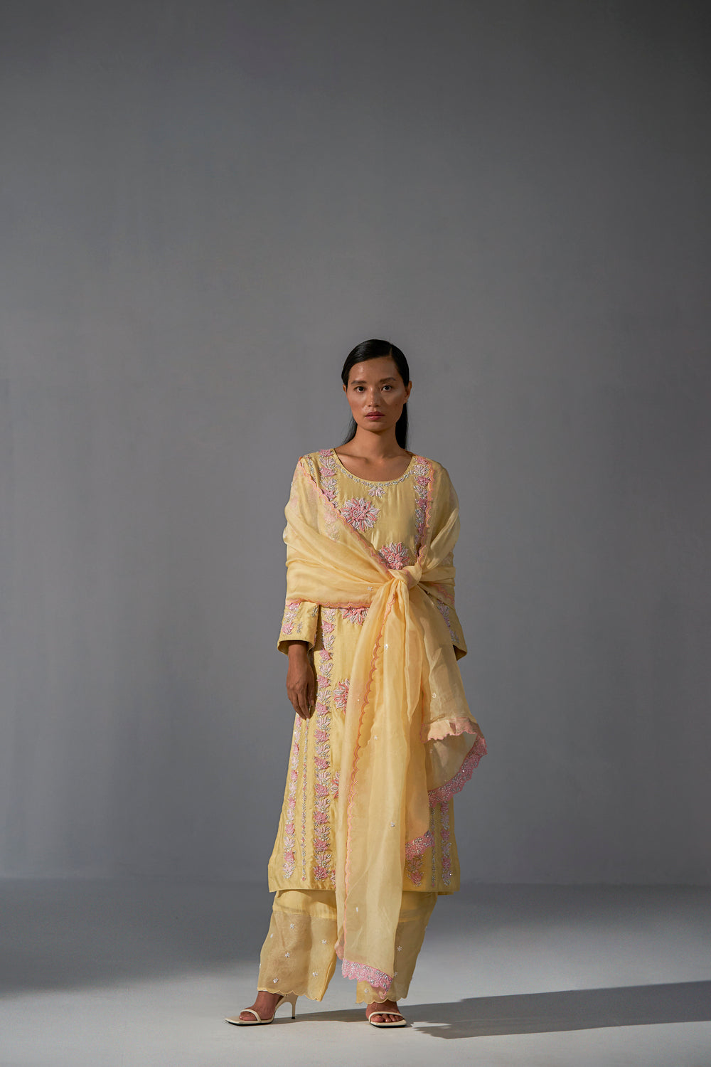 Organza Yellow straight kurta with dupatta and straight pants