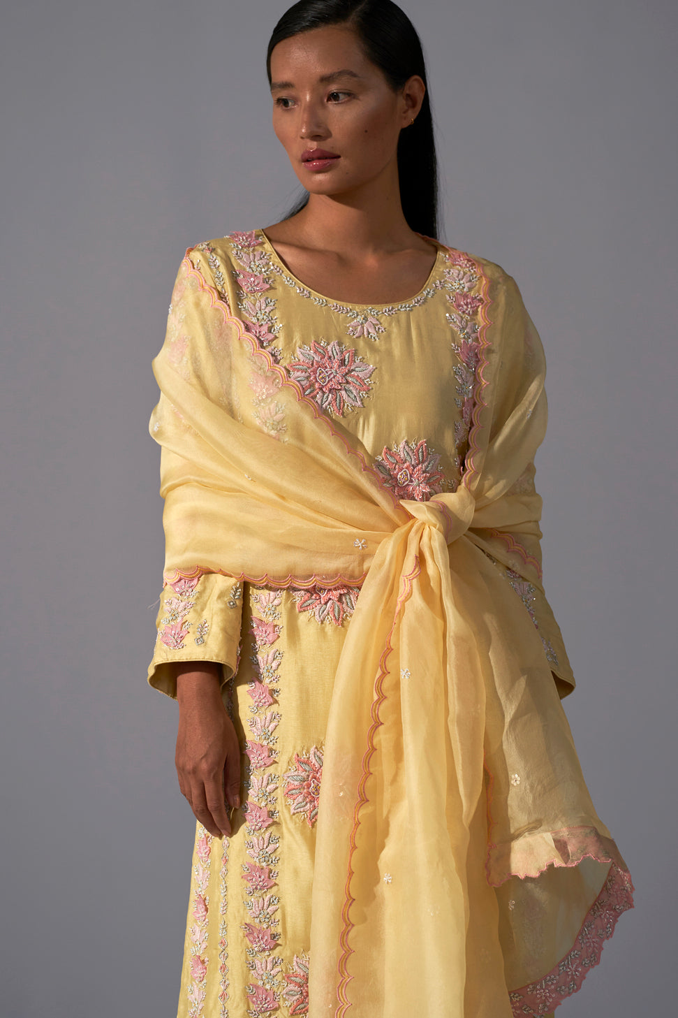 Organza Yellow straight kurta with dupatta and straight pants