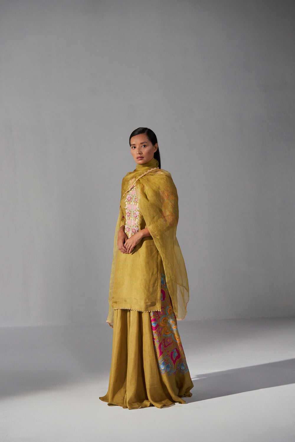Olive green sharara kurta and dupatta set