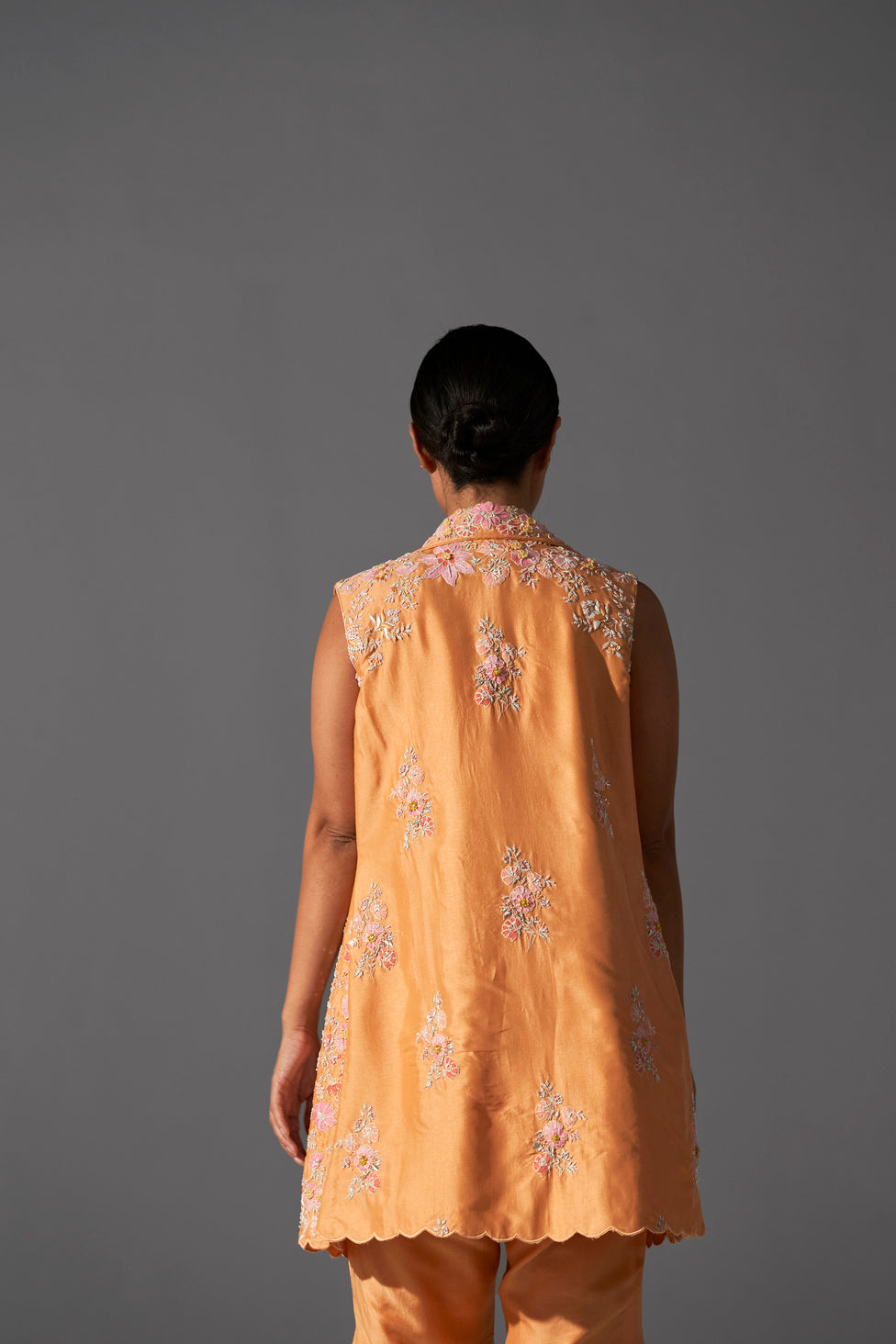 Tangerine zardozi embroidered jacket, bustier and bell bottom set