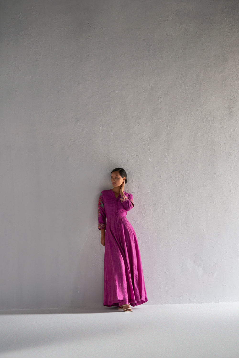 Magenta placement printed Angarkha with embellished cuff and fitted pants