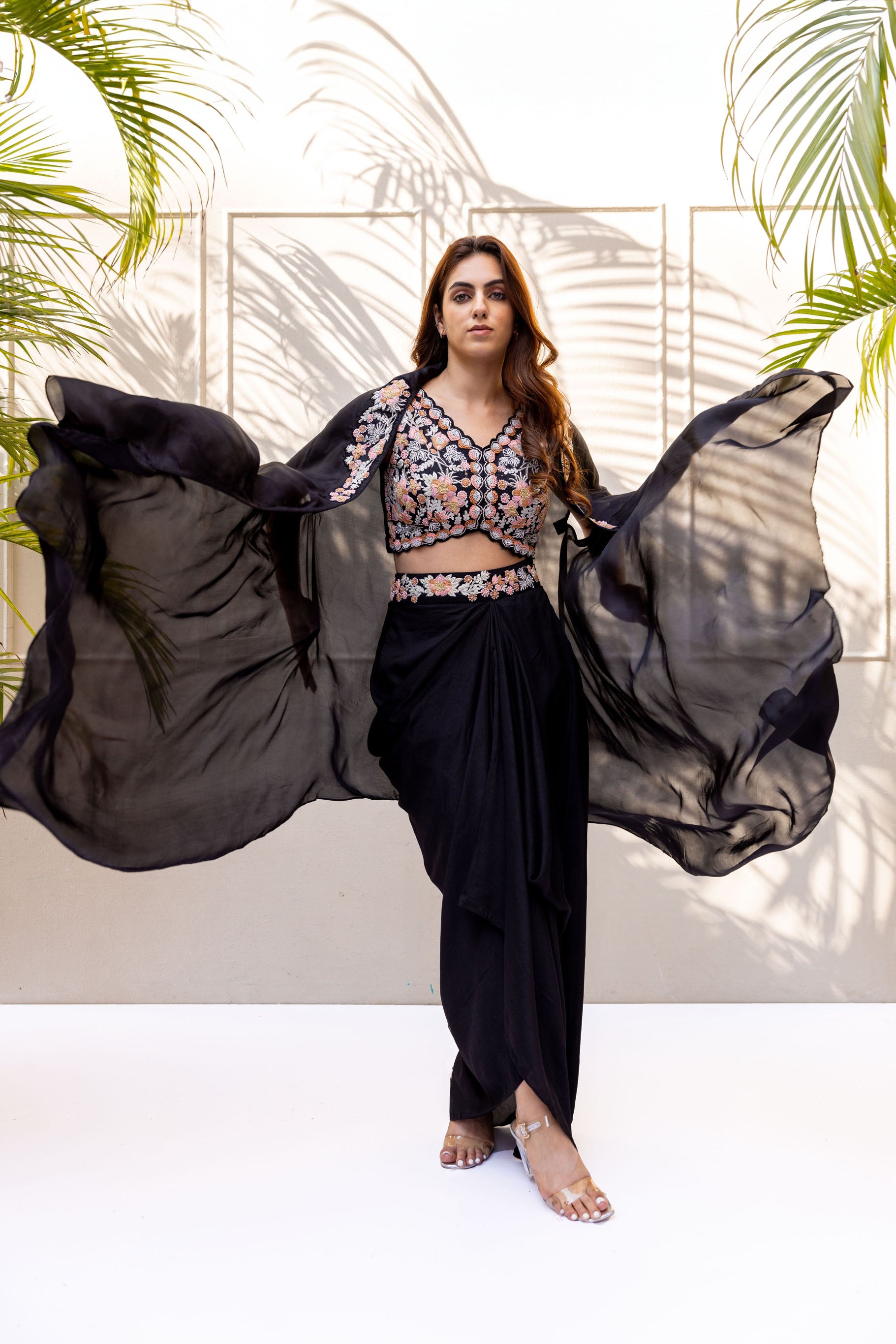 Black Silk draped skirt set