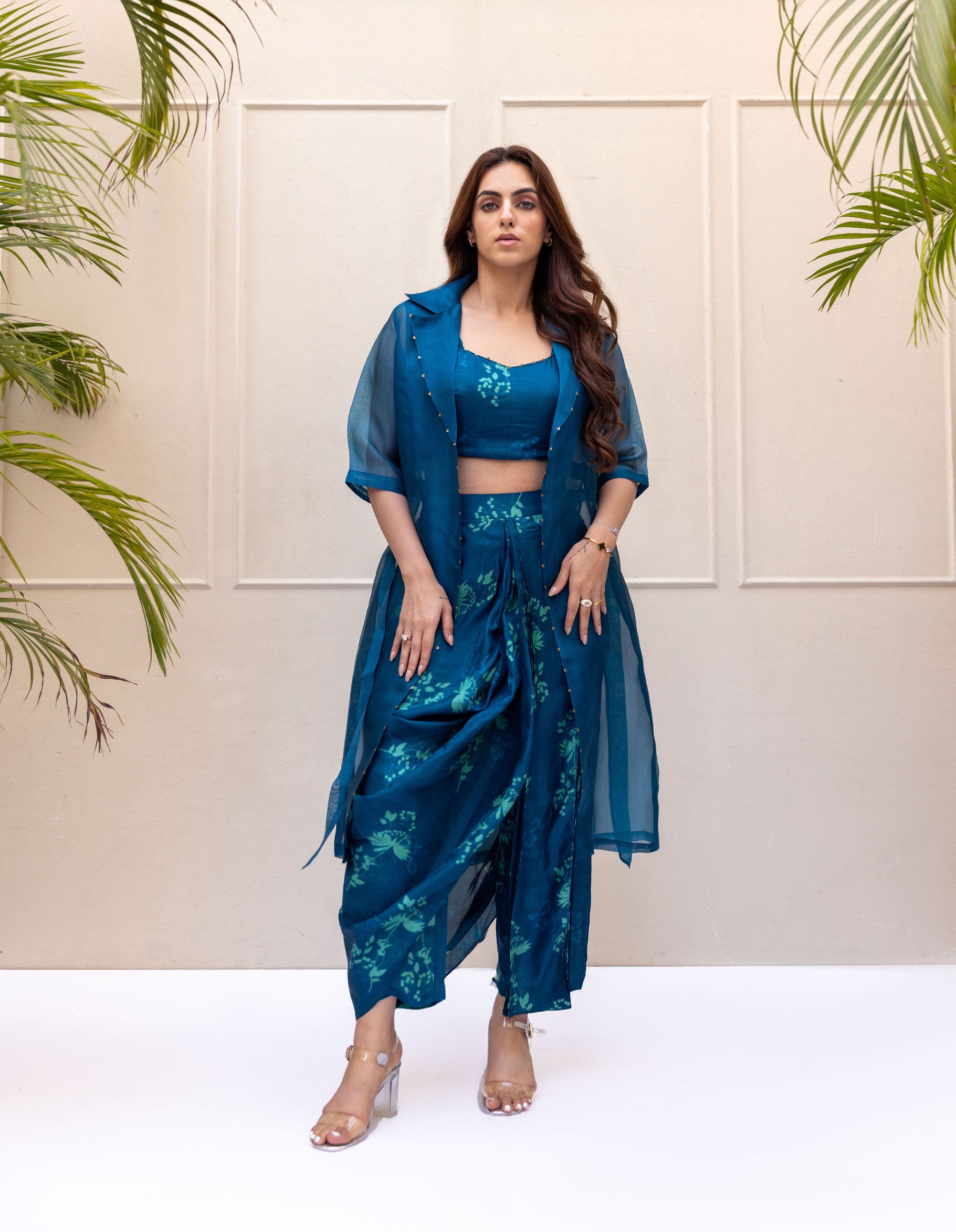 Teal blue draped pants set