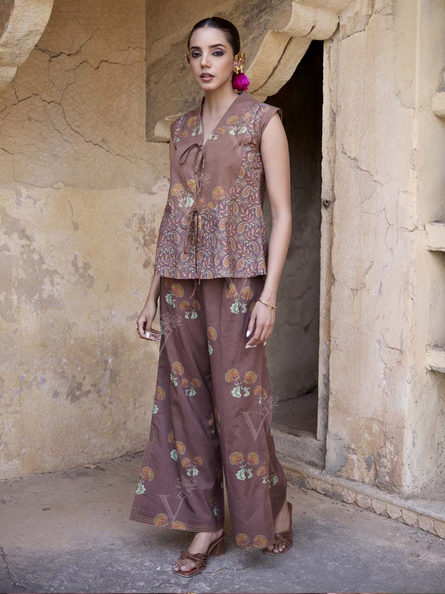 Brown Cotton Printed Kurta and Pant Set