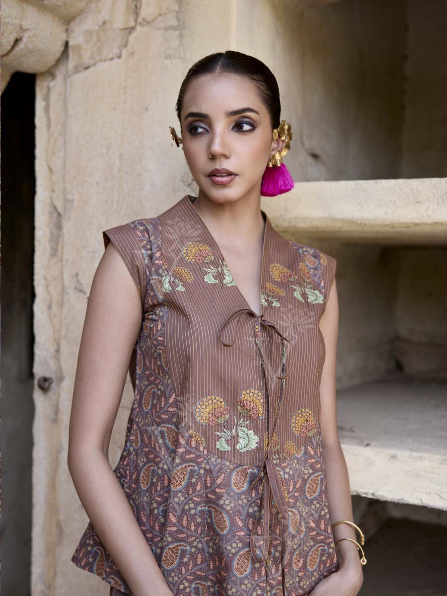 Brown Cotton Printed Kurta and Pant Set