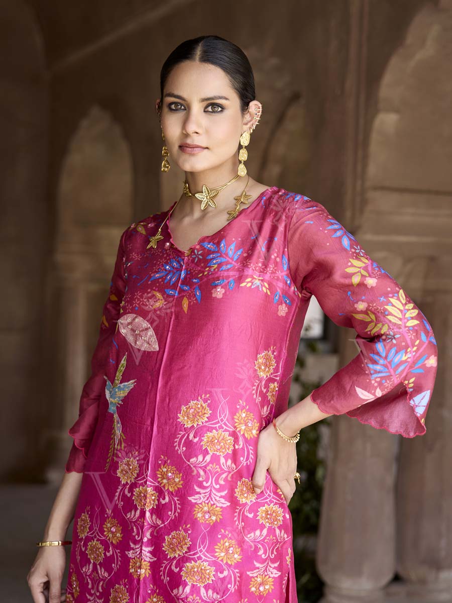 Pink Vasansi Silk Printed Embroidered Kurta and Pant Set