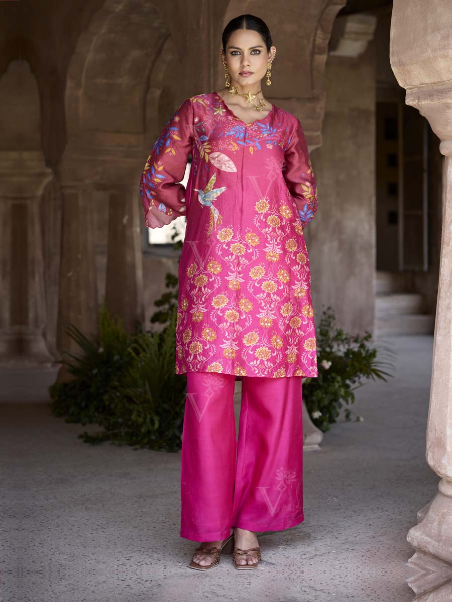 Pink Vasansi Silk Printed Embroidered Kurta and Pant Set