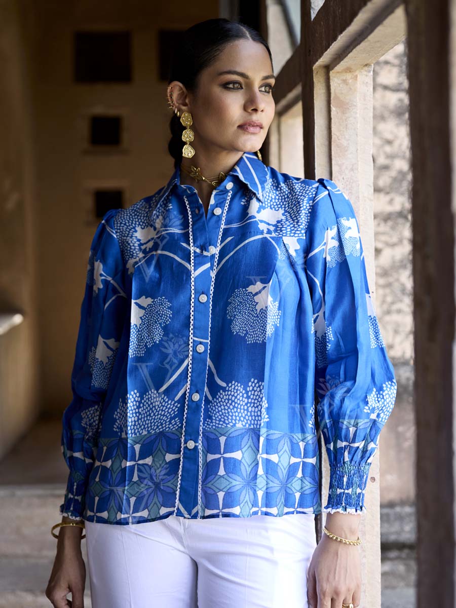 Blue Silk Printed Shirt