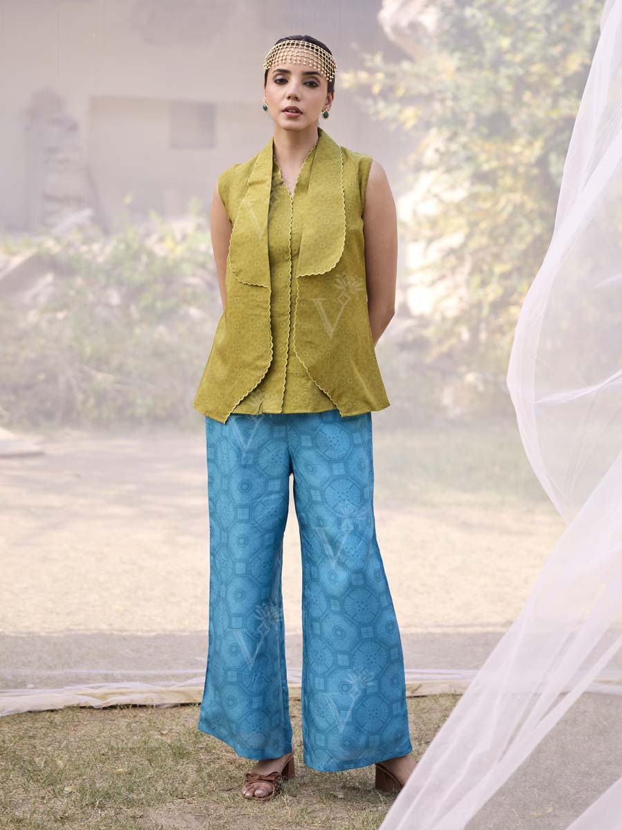 Green and Blue Silk Printed Co Ord Set