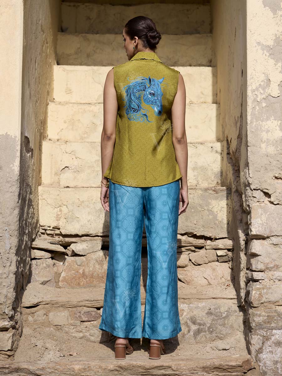 Green and Blue Silk Printed Co Ord Set