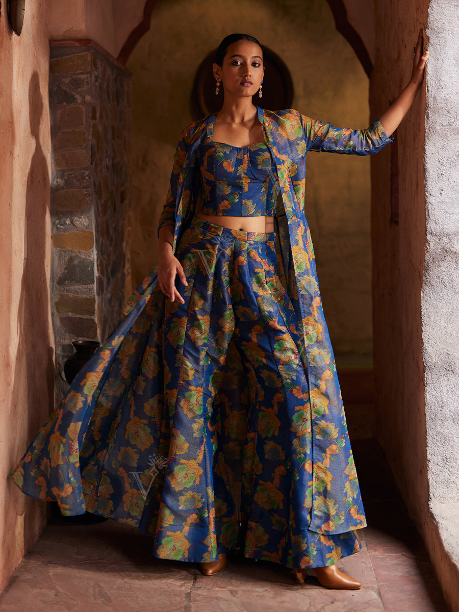 Blue Floral Printed Jacket and Palazzo Set