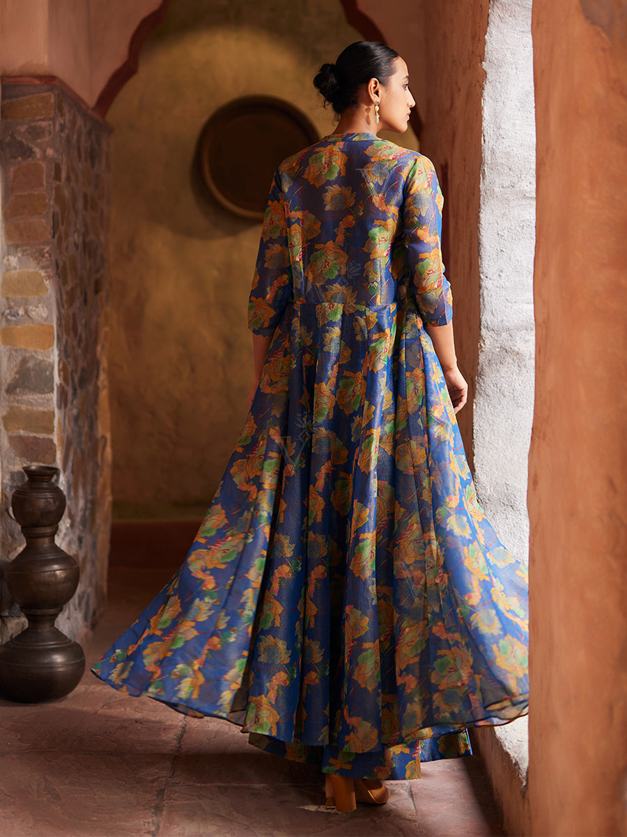 Blue Floral Printed Jacket and Palazzo Set