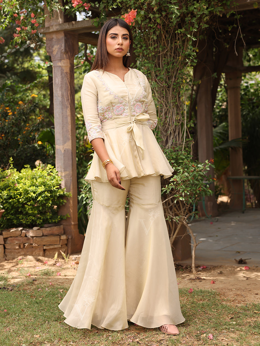 Summer White Tissue Peplum and Sharara Set