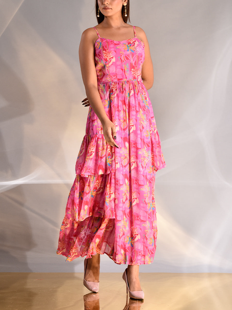 Pink Wrinkle Crepe Floral PrintedTeired Dres