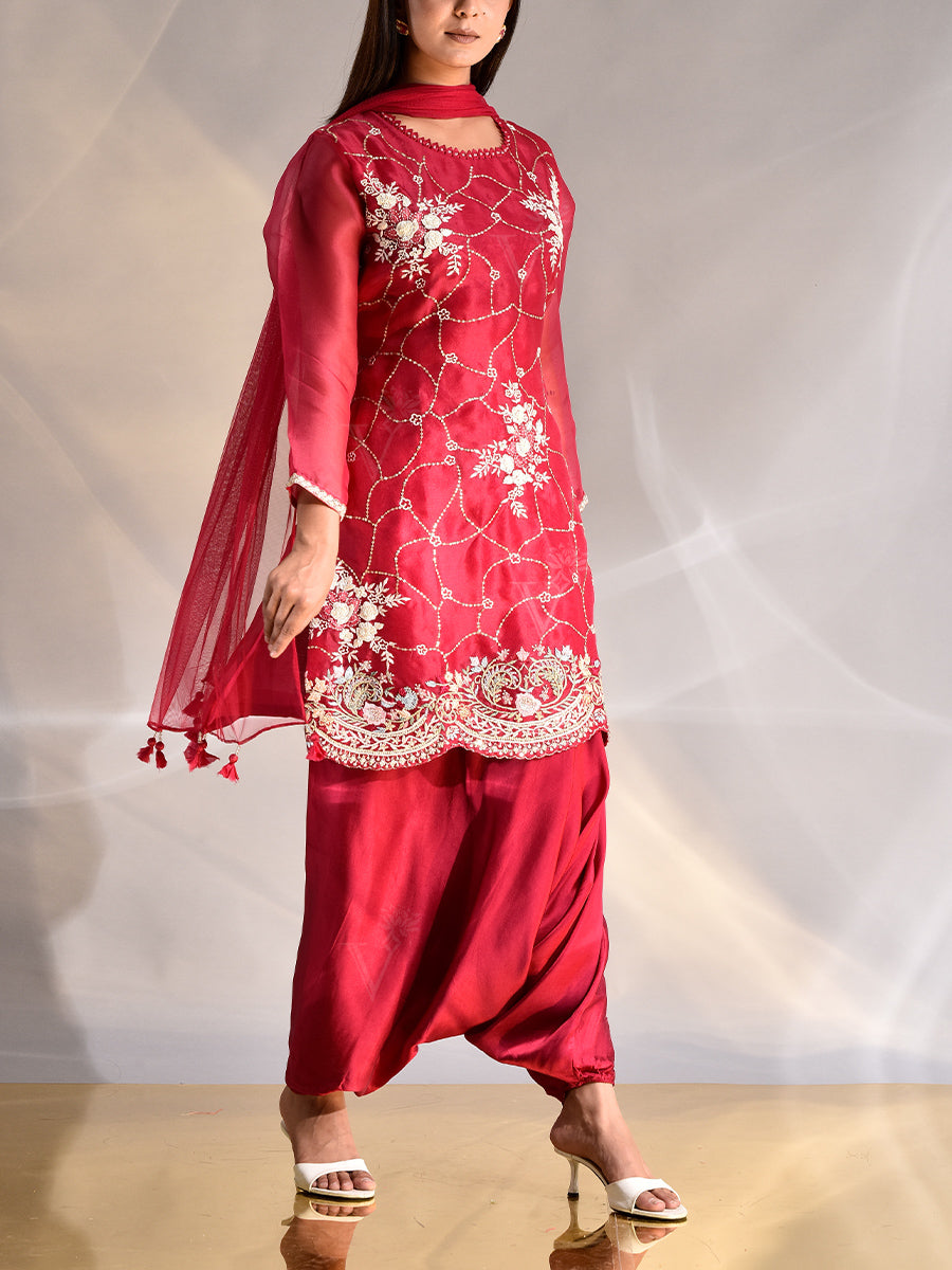 Red-Pink Organza Kurta and Harem Pants Set