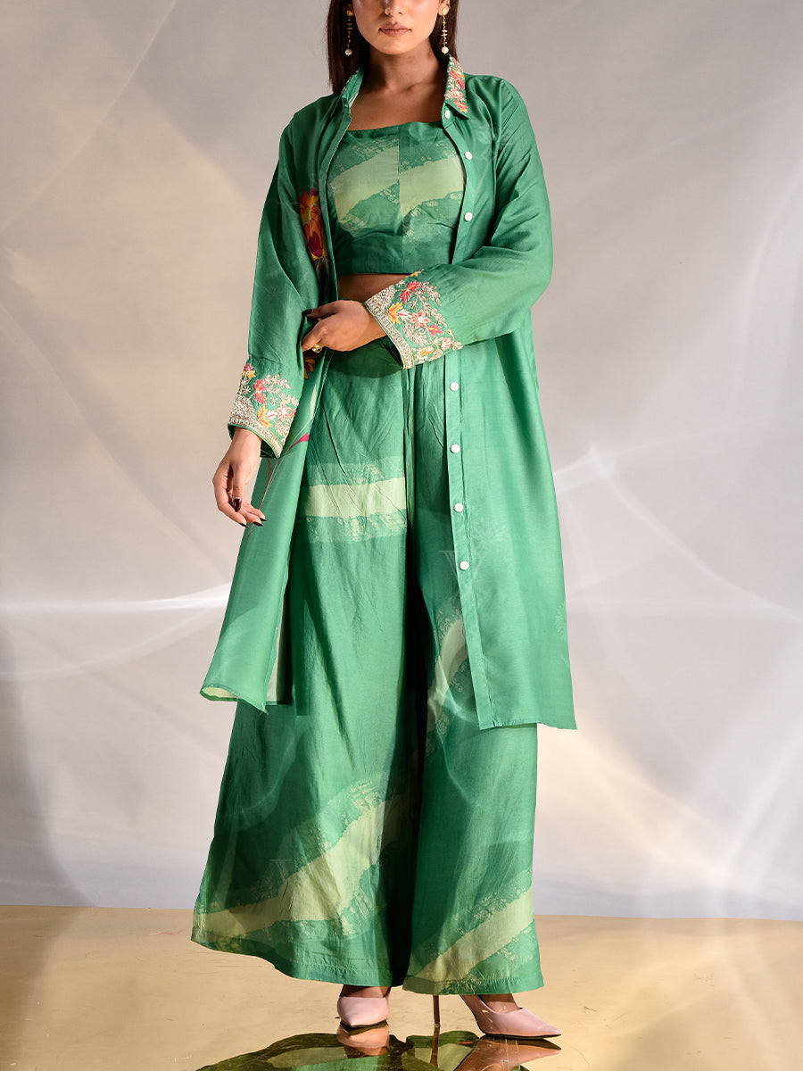 Green Vasansi Silk Bustier and Jacket Set