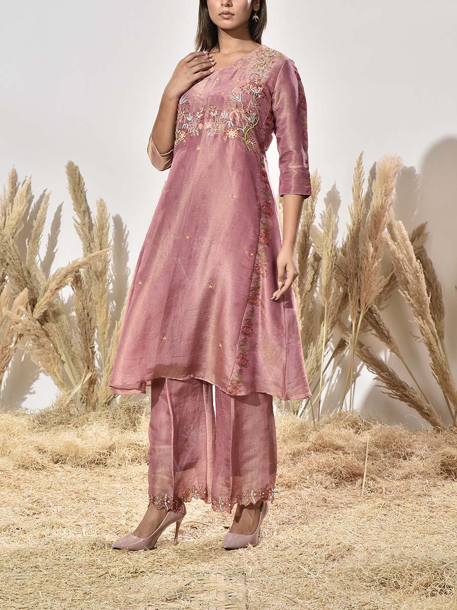 Onion Pink Tissue Emrbroidered Kurta and Pant Set