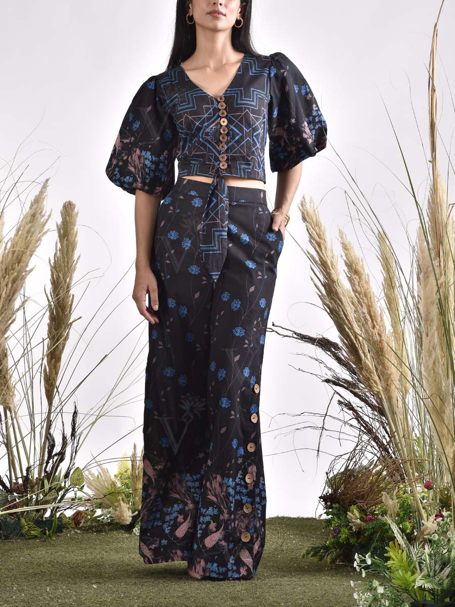 Black Printed Cotton Crop Top and Pants Set