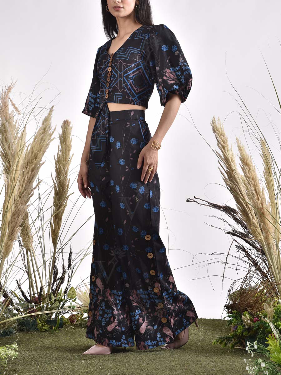 Black Printed Cotton Crop Top and Pants Set