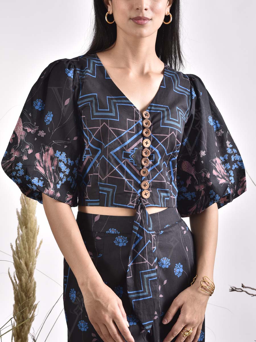 Black Printed Cotton Crop Top and Pants Set