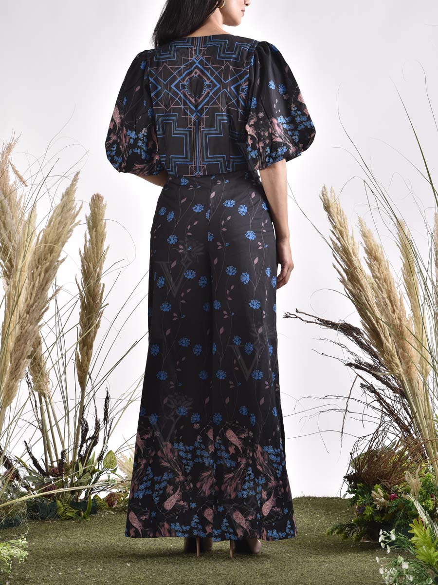 Black Printed Cotton Crop Top and Pants Set