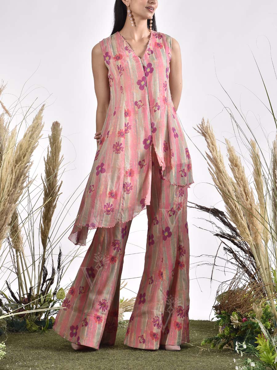 Pink Wrinkle Chiffon Printed Co Ord Set