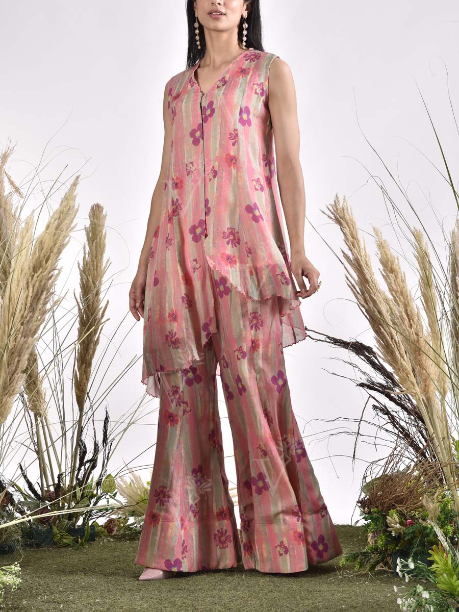 Pink Wrinkle Chiffon Printed Co Ord Set