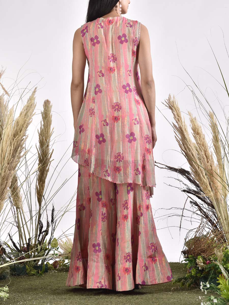 Pink Wrinkle Chiffon Printed Co Ord Set