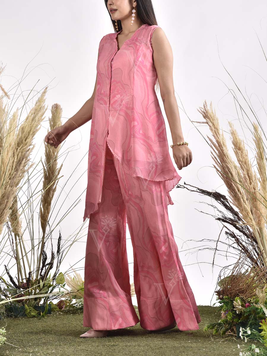 Blush Pink Wrinkle Chiffon Printed Co Ord Set