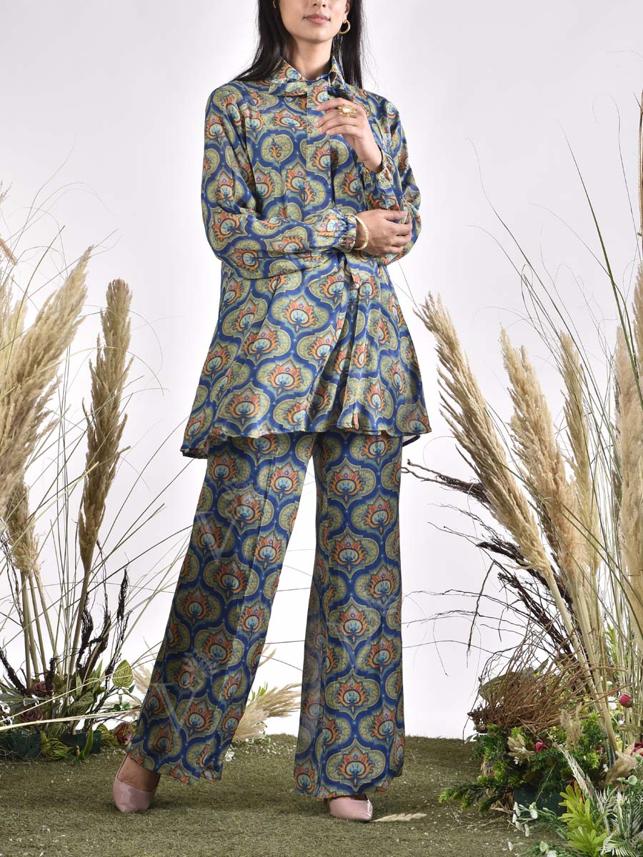 Blue Wrinkle Chiffon Printed Bustier and Pant Set