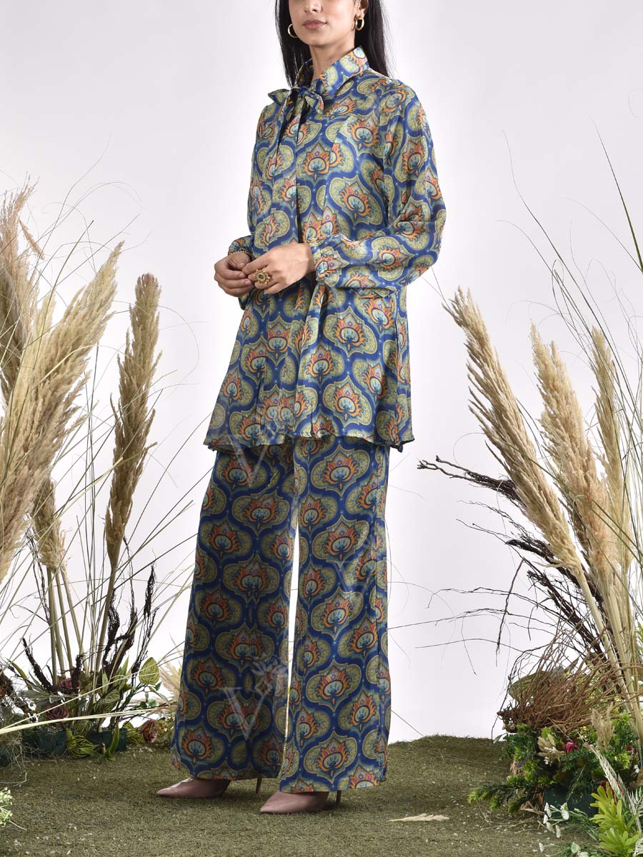 Blue Wrinkle Chiffon Printed Bustier and Pant Set
