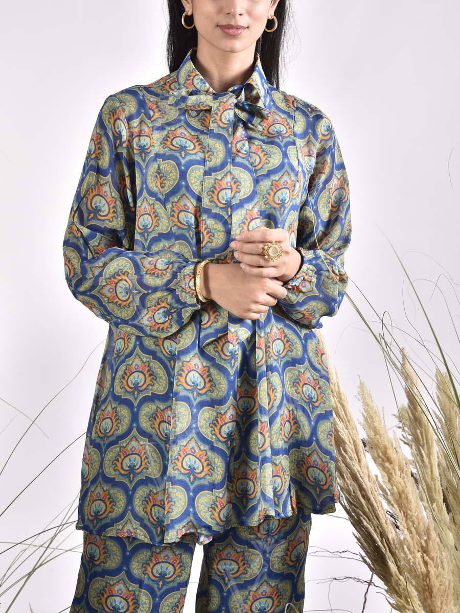 Blue Wrinkle Chiffon Printed Bustier and Pant Set