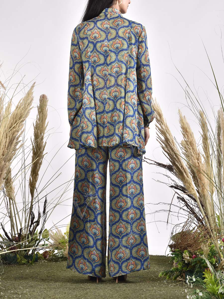 Blue Wrinkle Chiffon Printed Bustier and Pant Set
